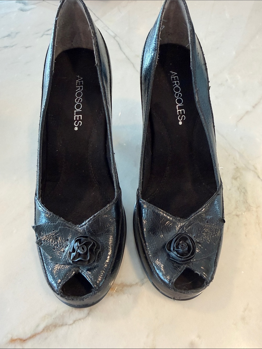 AEROSOLES Black Peep-Toe Wedge Pumps with Rose Accent